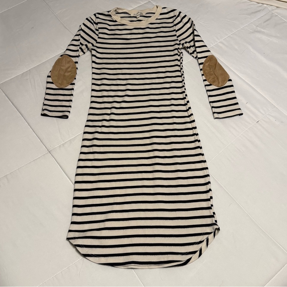 Monteau Los Angeles Navy & Cream Striped Knit Dress w/ Elbow Patches | Fitted S